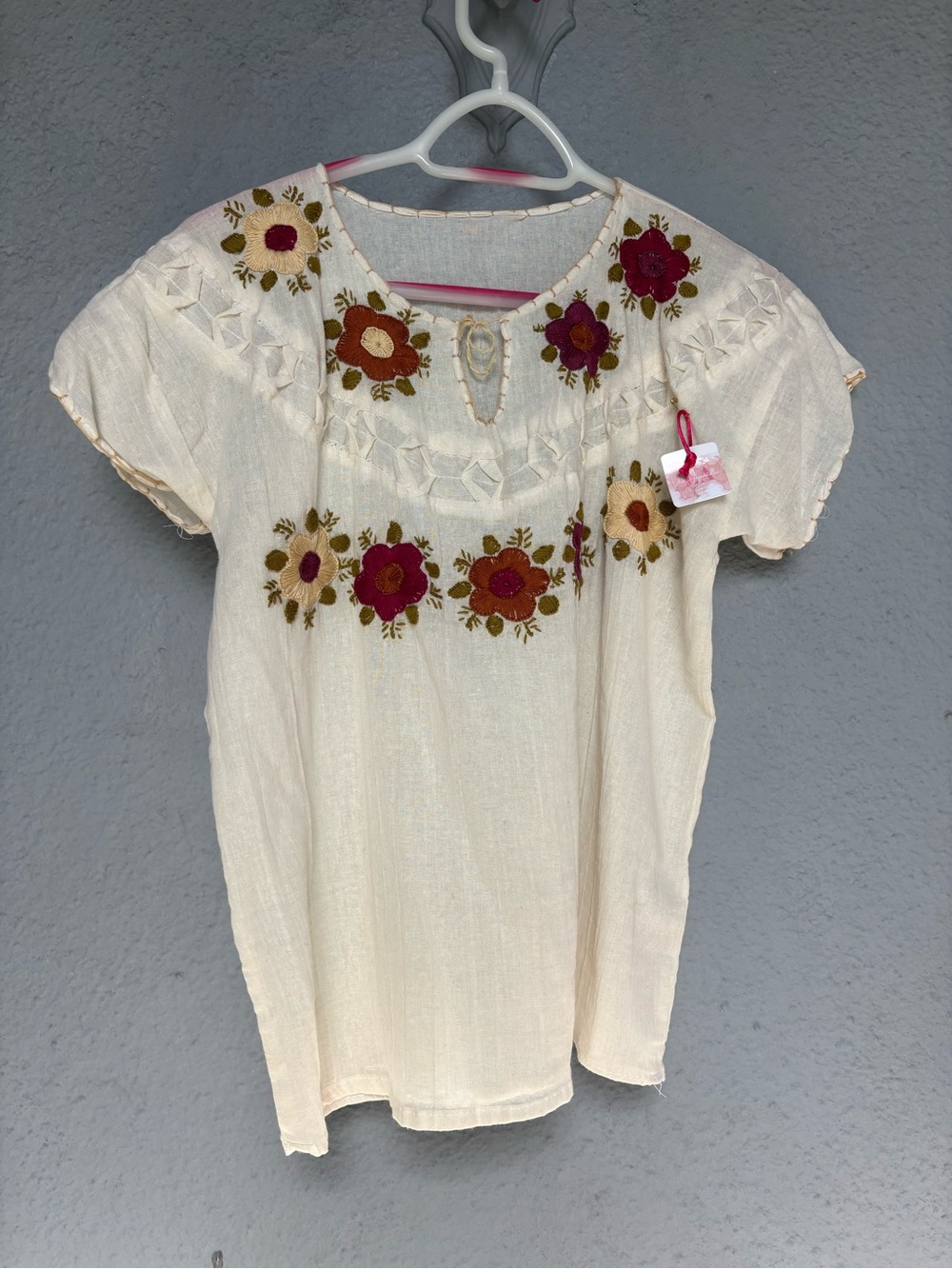 Embroidered Cream Floral Peasant Top - Women's